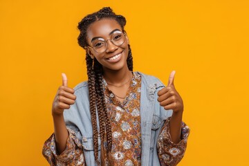 Joyful young Black woman in braids and summer attire giving a thumbs up to the camera exuding confidence and approval