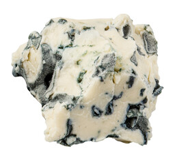 Blue cheese  isolated on white background. Mold cheese with spores macro. Flying  gorgonzola cheese top view, flat lay