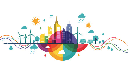 Obraz premium Vibrant eco city with sustainable energy solutions for a cleaner future in a modern colorful design
