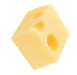 Flying Emmental cheese   cube isolated on white background. Levitating  maasdam cheese piece. Top view. Flat lay 