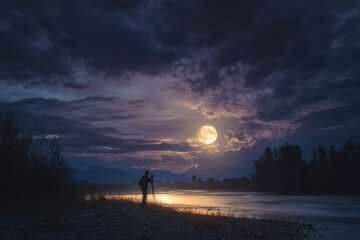 Photographer capturing a stunning nighttime scene featuring a full moon overcast sky and river