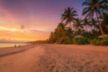Fototapeta premium Blurred panoramic view of a tropical beach with palm trees and golden sand during sunset in summer