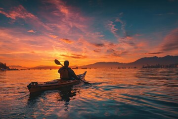 Person kayaking in a sea kayak at sunset close to Jericho Beach Vancouver Canada Themes Adventure Sport Vacation