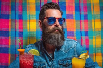 Man with a long beard a brutal humorous hipster in denim surrounded by tropical cocktails on a colorful background
