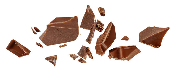 Broken chocolate bar pieces isolated on white. High-Quality Chocolate chunks with  crumbs Top view. Flat lay. Pattern