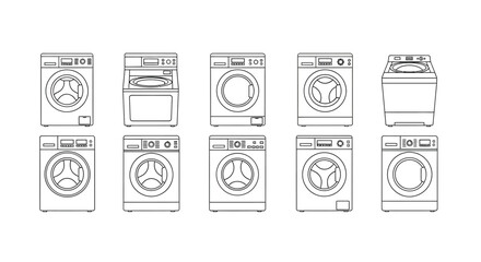 Set of ten line drawing icons representing different washing machine models and configurations vector