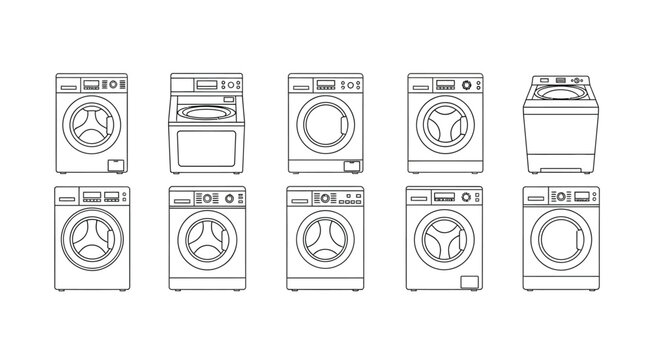 Set of ten line drawing icons representing different washing machine models and configurations vector