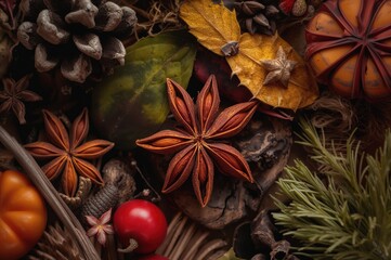 Festive star anise pattern with vibrant colors and natural textures