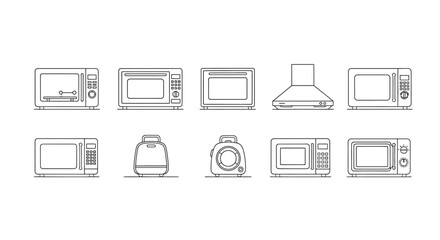 Collection of diverse microwave oven designs displayed in a clean white grid layout vector