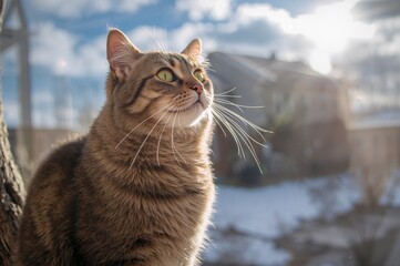 Green-eyed tabby cat perched on an indoor tree gazing outside on a bright winter morning