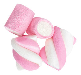 Flying Marshmallow candies isolated on white. High-Quality Levitating Marshmallows. Twisted colorful marshmallow Top view. Flat lay. 