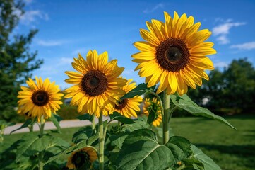 Obraz premium Bright sunflowers under a clear azure sky in a garden
