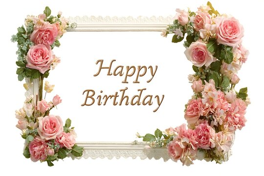 Elegant Happy Birthday greeting with pink roses and decorative frame for heartfelt celebrations and personalized message, perfect for social media posts
