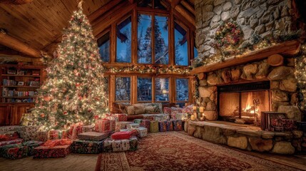 Fototapeta premium Log Cabin Living Room with Christmas Tree and Fireplace
