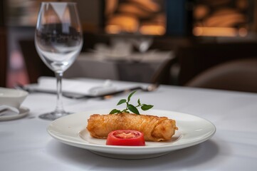 Deep-fried spring roll served with tomato at a restaurant