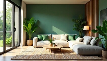 Calming Biophilic Living Room Lush Greenery, Natural Textures, and Earthy Tones Create a Serene Atmosphere for Relaxation and Home Decor Inspiration