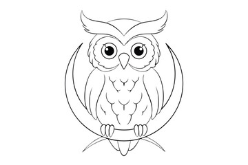 A line drawing an owl perched a crescent moon bird night