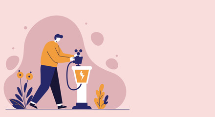 Man plugging into an electric charging station symbolizing sustainable energy and green technology