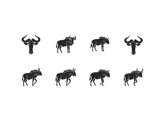 Set of Wildebeest Silhouettes and Heads.