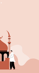 Modern Muslim man with laptop near mosque symbolizing technology faith and lifestyle