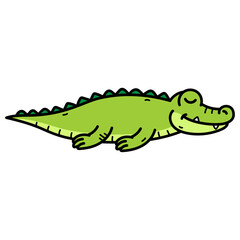 Relaxed Green Crocodile Doodle Illustration on Transparent Background