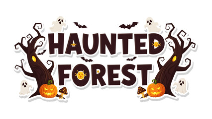 Haunted Forest: A vibrant and spooky illustration capturing the essence of Halloween, featuring eerie trees, ghostly apparitions, and a jack-o'-lantern in a captivating design.