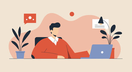 Fototapeta premium Productive man using laptop at desk Remote work online business digital communication