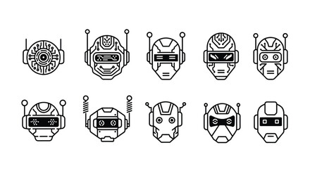 Collection of ten futuristic robot head designs in black and white outline style vector