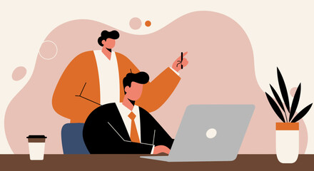 Businessmen collaborating on a laptop discussing a project in a modern office setting