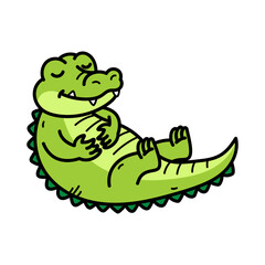 Relaxed Green Crocodile Doodle with Closed Eyes on Transparent Background for Children Illustration and Cartoon Animal Design