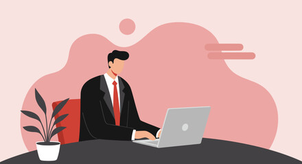 Professional businessman working on laptop at desk Remote work online business concept