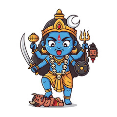 Cute chibi kali goddess with weapons isolated on transparent background