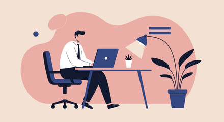 Professional man working on laptop at modern office desk Remote work business productivity concept