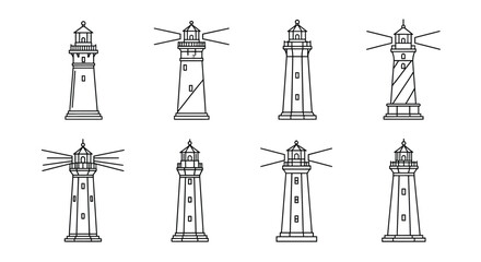 Collection of hand drawn lighthouse icons nautical maritime coastal navigation symbols set vector