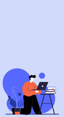 Person working remotely on laptop studying with books Modern flat design illustration