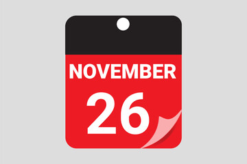 Elegant Black & Red November 26 Calendar Design — Modern Daily Planner with Flat Meeting Schedule Icons