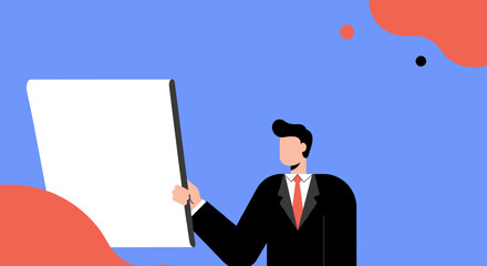 Professional holding blank sign for business announcement or presentation Copy space