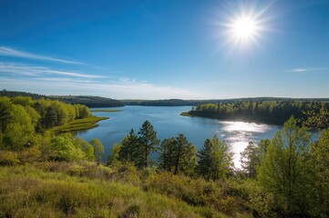 Naklejka premium Aerial Perspective of a Sunny Lakeside Landscape in Spring