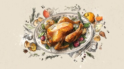 Roasted Turkey with Vegetables Illustration on white background