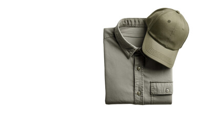 Folded Khaki Shirt with Matching Cap on white background