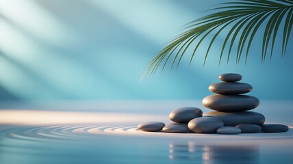 Obraz premium Zen stones stacked on a smooth surface with palm leaf shadow