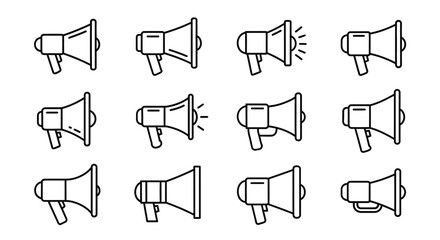 Collection of hand drawn megaphone icons showing sound waves for announcement and promotion vector