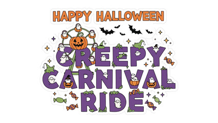 Naklejka premium Spooky Carnival Adventure: A whimsical and eerie graphic illustration, blending the festive spirit of Halloween with a carnival setting, promising a fun yet creepy ride.