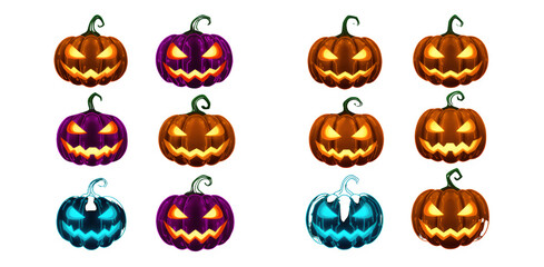"Glowing Neon Pumpkin Faces Isolated on Transparent Background PNG – Futuristic Halloween Circuit Design"