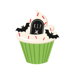 Halloween cupcake. Vector illustration of a dessert with a tombstone and bats.
