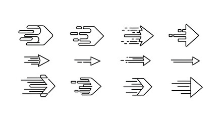 Dynamic arrow icons collection representing speed movement direction forward progress and action vector