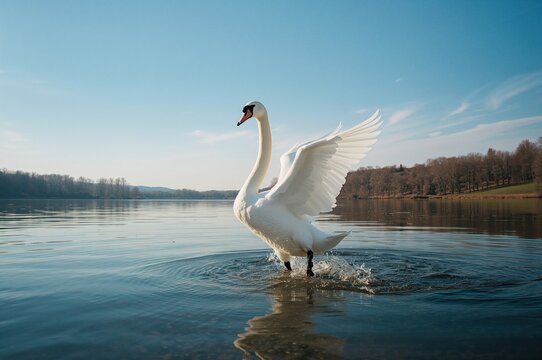 Swan lifting off from the water surface