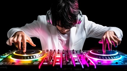 A man is playing a DJ set with a colorful keyboard