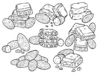 St of isolated hand drawn chocolate and almond outline drawing illustration