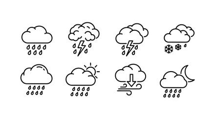 Collection of hand-drawn weather icons featuring clouds rain thunder snow sun wind and moon elements vector